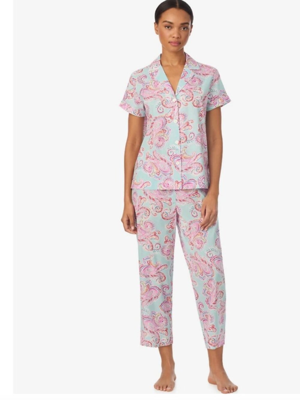 Lauren Ralph Women's Women's Short-Sleeve Notch Collar Cropped Pant Pajama Set M